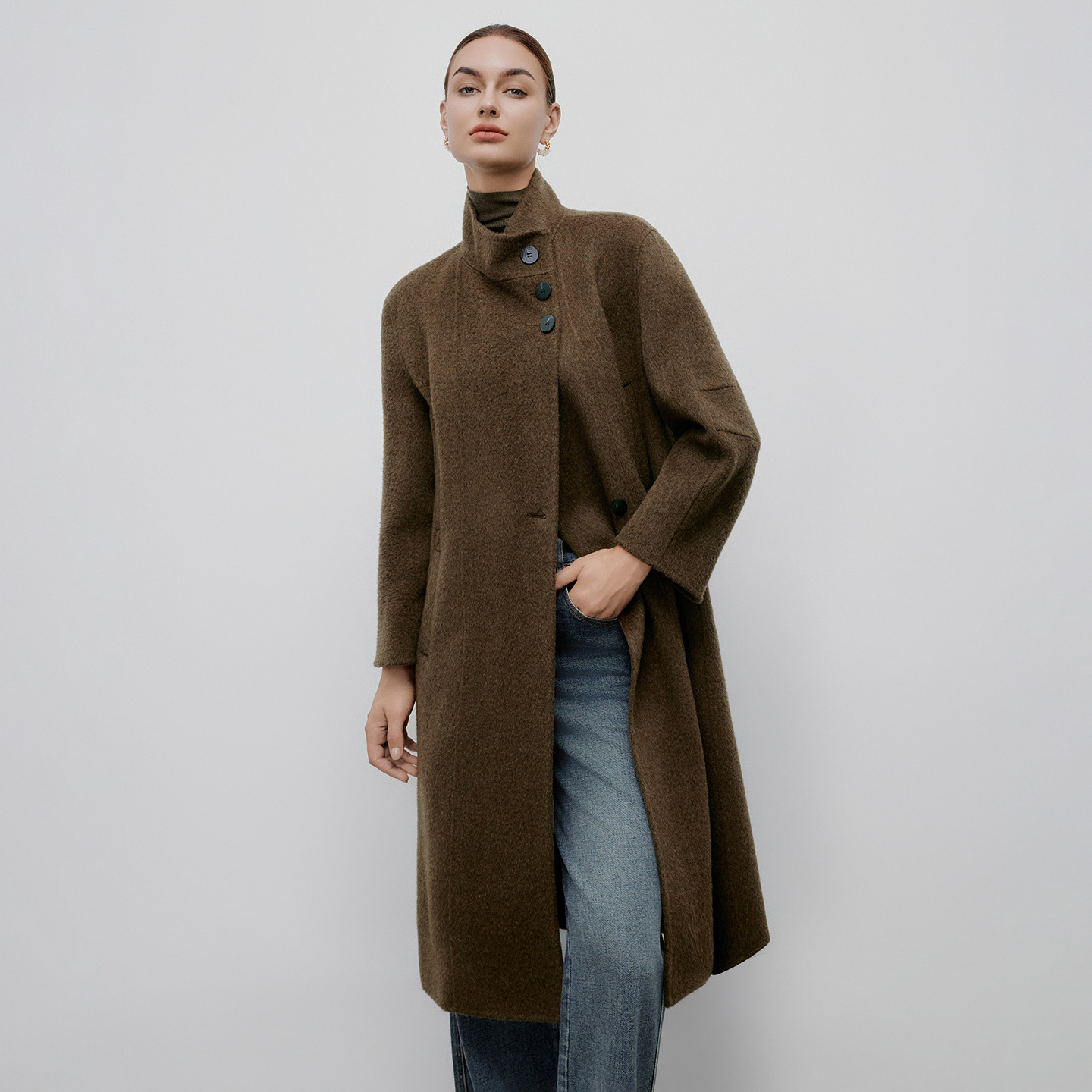 2025秋冬新款设计感双面羊毛大衣女立领羊毛呢外套女配包包A5580