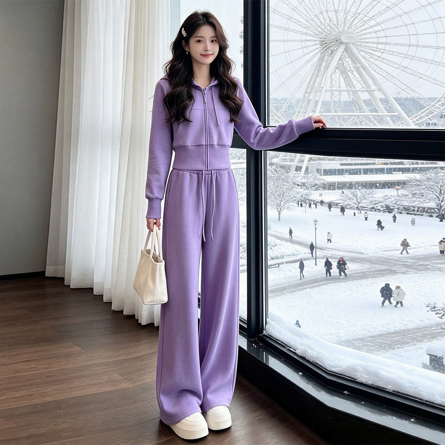高级感紫色时尚套装裤女2026秋冬季连帽拉链开衫阔腿裤休闲两件套