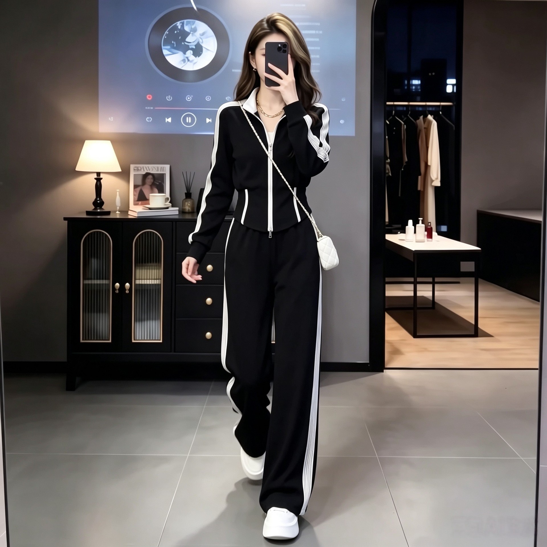 欧美休闲运动套装女2026秋冬立领时尚洋气显瘦修身减龄两件套潮