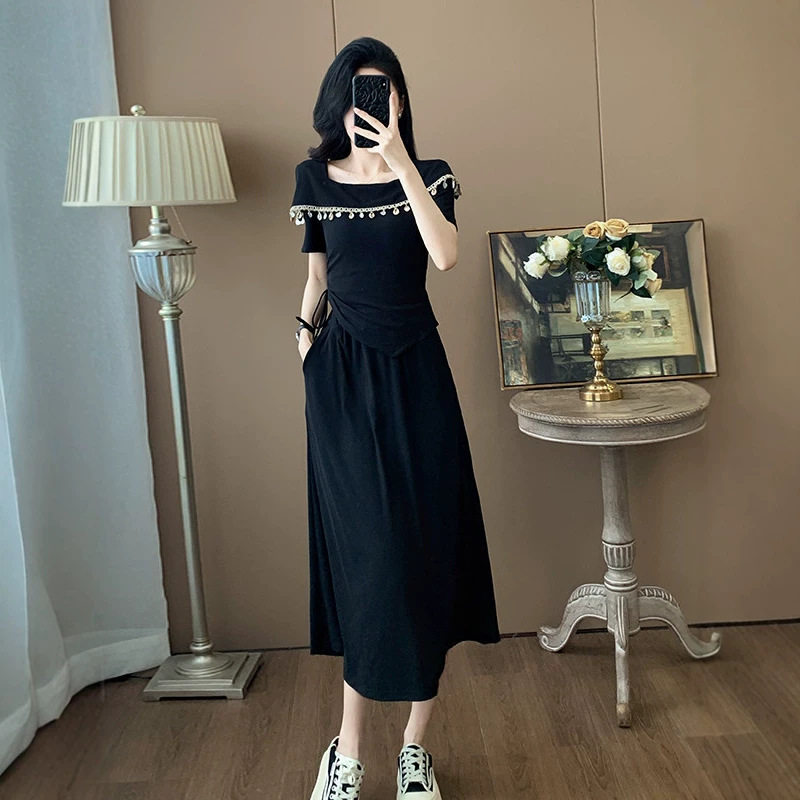 时尚重工复古方领修身上衣韩版新款夏季抽褶设计短袖恤女流苏套装
