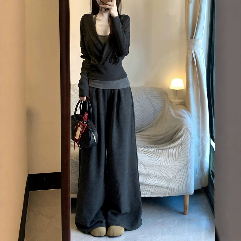 韩系慵懒ins休闲运动套装女秋季时尚显瘦V领卫衣吊带阔腿裤三件套