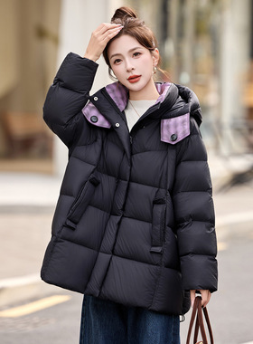 2025冬季新品女装休闲时尚立领保暖中长连帽羽绒服外套女ME59176