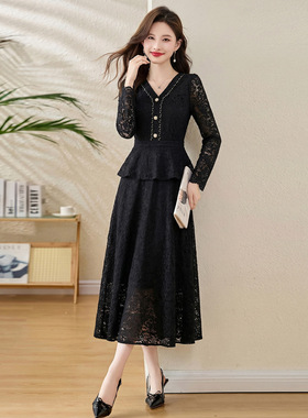 2026春秋新款长裙子修身荷叶边收腰显瘦v领时尚蕾丝连衣裙JX2613