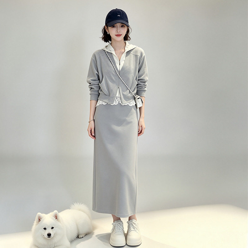 高级感休闲运动套装女秋冬季2026新款时尚蕾丝连帽卫衣半身裙套装