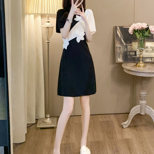 韩版名媛甜美气质蝴蝶结方领包臀短袖连衣裙赫本风小黑裙晚小礼服