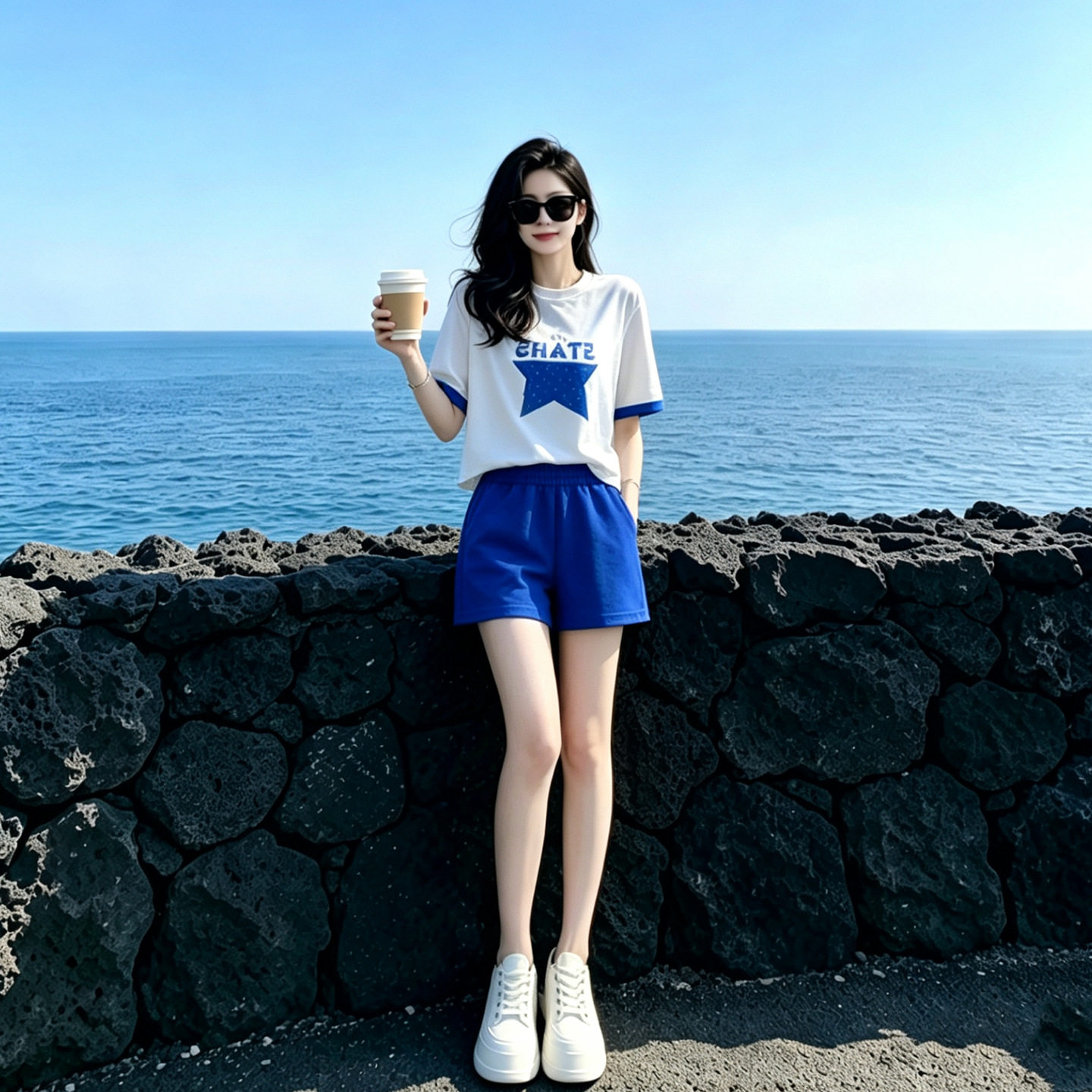 多巴胺时尚烫钻印花短袖休闲运动套装女夏蕾丝拼接蓝色短裤两件套