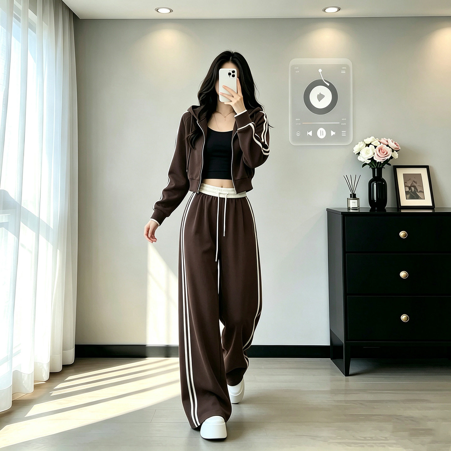 复古休闲运动秋季穿搭女款2026气质潮流开衫外套高腰阔腿裤两件套