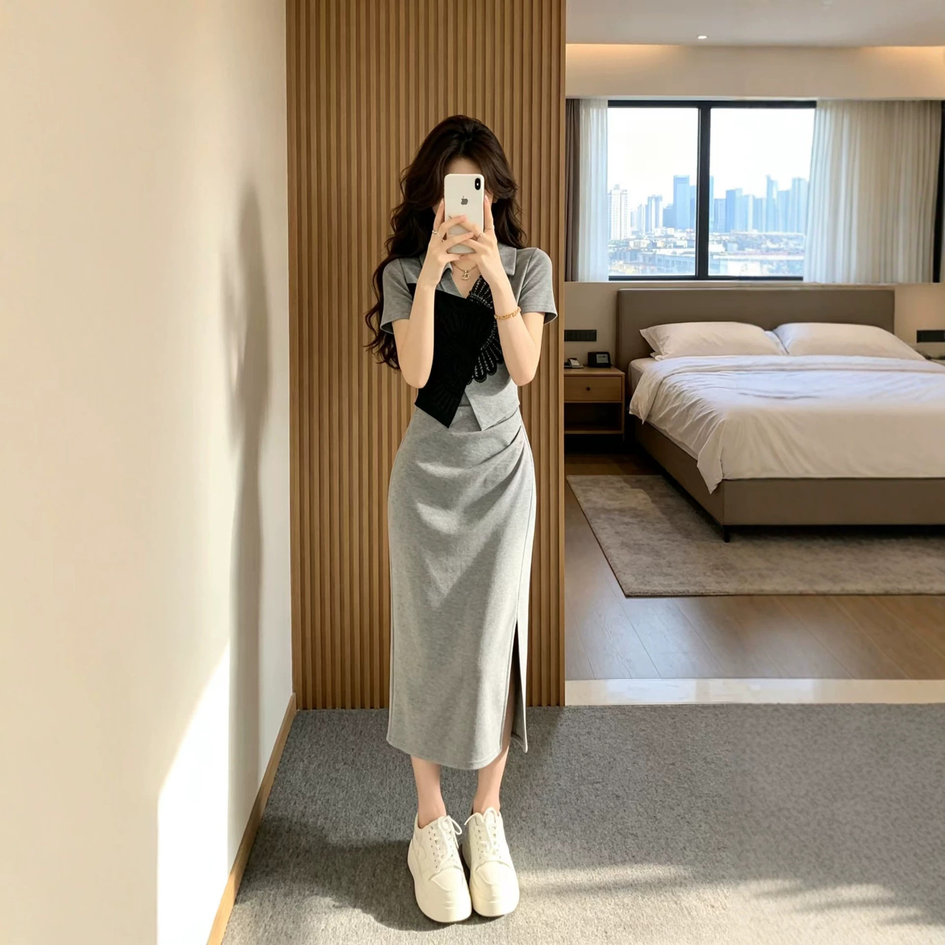 灰色休闲短袖连衣裙女夏季法式复古气质设计感小众假两件拼接裙子