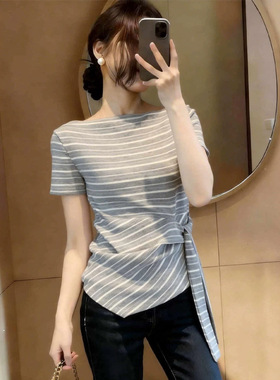 2026夏季新款胖MM美式复古条纹绑带不规则设计感短袖T恤潮A11506