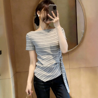 2026夏季新款胖MM美式复古条纹绑带不规则设计感短袖T恤潮A11506