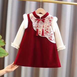 女童加绒连衣裙高级感2025新款女宝宝红色年服儿童公主裙子秋冬季