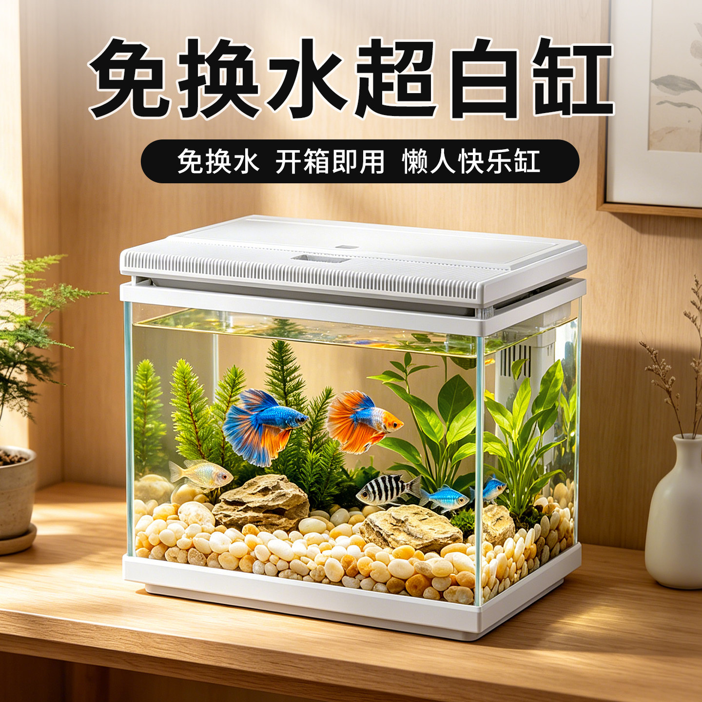 森森超白缸桌面鱼缸免换水客厅家用生态造景小型玻璃缸开箱即用