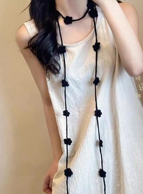 黑色玫瑰花手工针织钩花项链女小众设计时尚穿搭腰带配饰长条丝巾