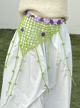 春夏复古钩织花朵三角腰巾女