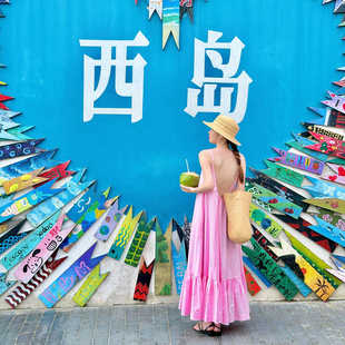三亚绝美度假大裙摆露背吊带裙泰国旅游沙滩连衣裙穿搭拍照长裙女