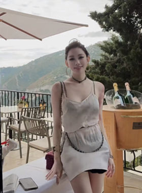 网红女神花三三同款 纯欲米宽松名媛吊带中长款上衣连衣裙四件套