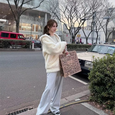 明星网红花三三同款 白色环保仿水貂绒连帽宽松皮草外套