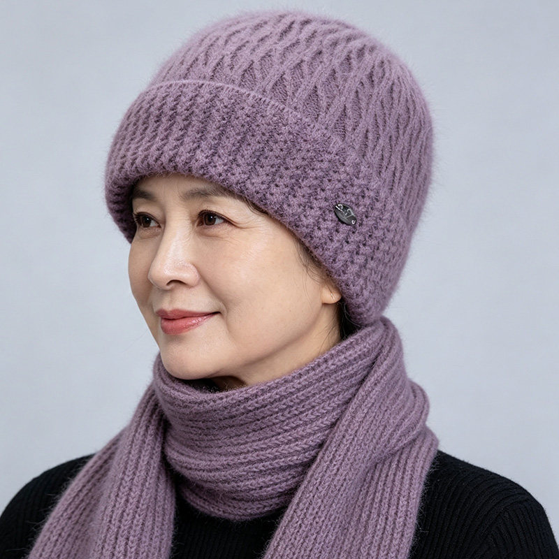 中老年人帽子女妈妈冬天加绒护耳兔毛线帽针织套头防寒奶奶帽包头