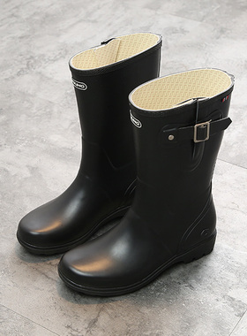 30-39码纯黑色中长筒靴日系军官靴表演学生成人两用雨靴外贸橡胶