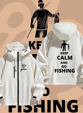 路亚钓鱼佬FLYFISHING印花宽松连帽冲锋衣夹克外套开衫春秋男衣服