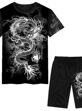 中国风男装夏季短袖T恤衫套装短裤龙图案水墨风印花海边沙滩衣服