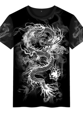 中国风龙图案水墨民族风复古国潮牌印花男装短袖T恤港风社会衣服