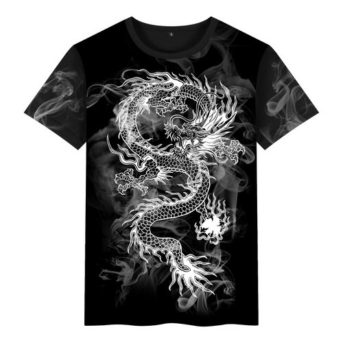 中国风龙图案水墨民族风复古国潮牌印花男装短袖T恤港风社会衣服