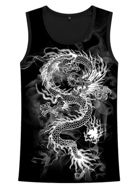 中国风水墨龙图案复古民族风潮牌男装无袖T恤衫精神小伙背心衣服
