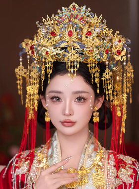 新娘头饰中式大凤冠金色蓝色流苏大气重工造型婚礼华丽古装发饰