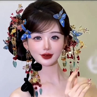 新中式新娘头饰水晶蝴蝶发簪红蓝撞色秀禾婚礼发饰