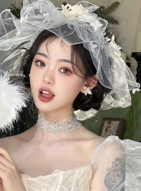 白色花朵新娘头饰花环帽纱遮面