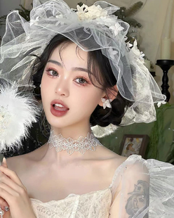 创意仙气白色花朵新娘头饰花环帽纱遮面头纱外景旅拍婚纱配饰