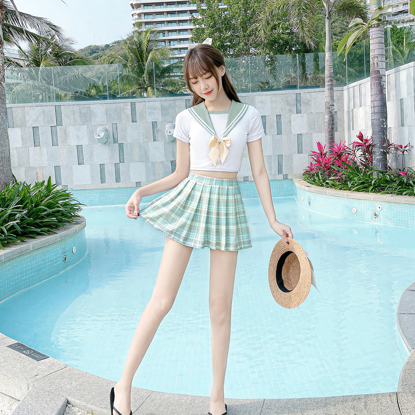 JK制服泳装女泡温泉保守显瘦遮肚