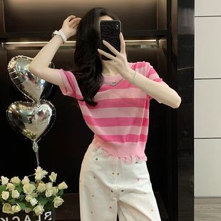 上衣蕾丝破洞牛仔裤 多巴胺跑步显瘦洋气减龄条纹针织衫 两件套女潮