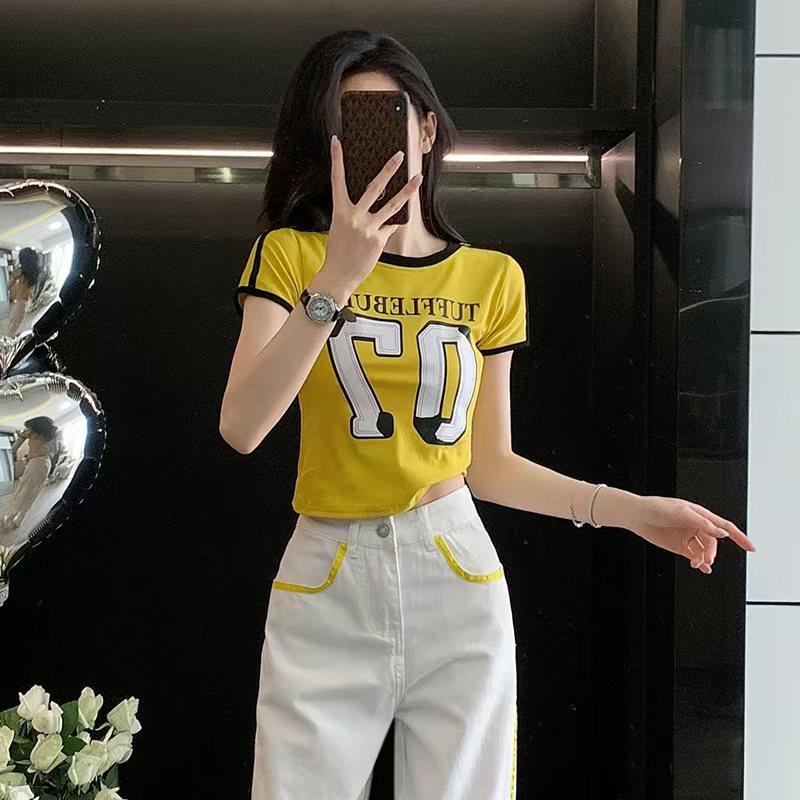 美式辣妹套装女黄色修身正肩字母短款t恤夏ins阔腿牛仔裤两件套潮
