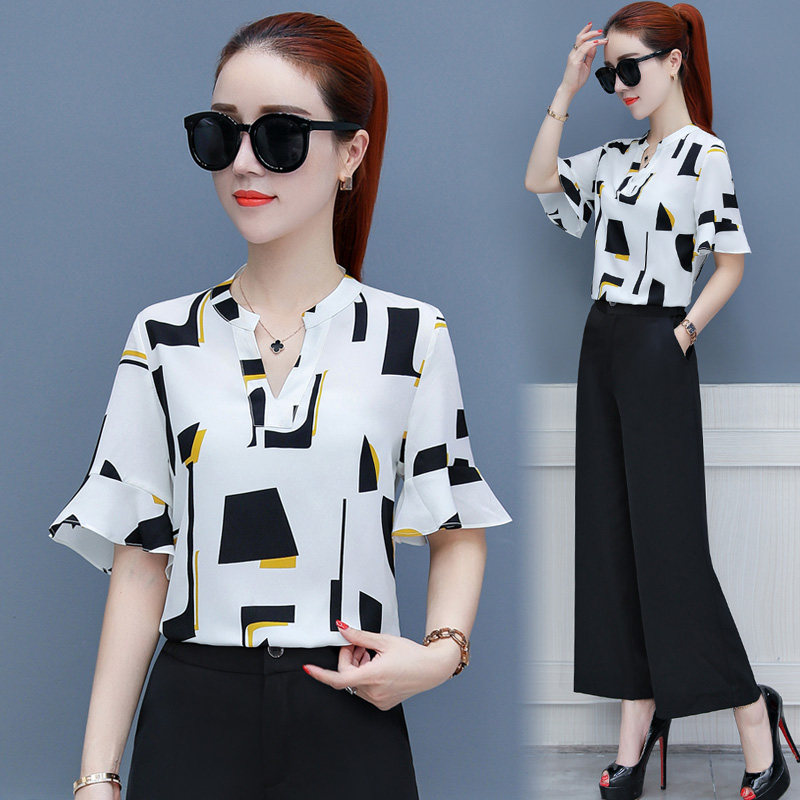 여성을위한 세련된 넓은 다리 바지 정장 2023 여름 새로운 패션 스타일 어머니의 착용 가벼운 성숙한 스타일 여성 쉬폰 투피스 세트