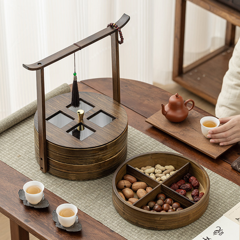 中式瓜果盒带盖子家用客厅茶几多层分格果盘彷古代覆古手提篮食盒