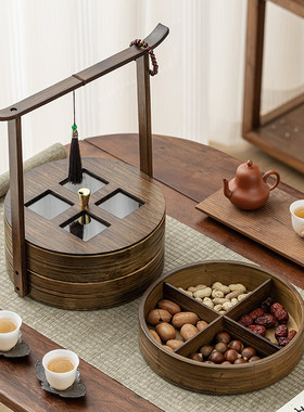 中式瓜果盒带盖子家用客厅茶几多层分格果盘彷古代覆古手提篮食盒