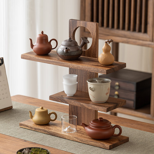 桌面博古架实木茶具架子新中式茶具茶壶收纳展示架胡桃木置物架