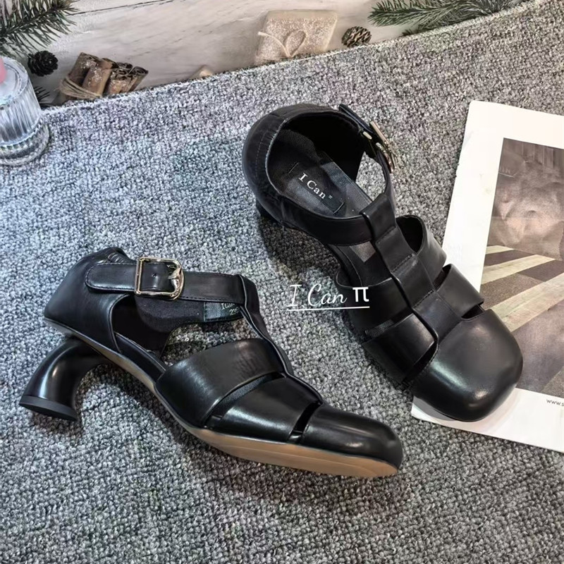 特价3536码不退不换~ICAN女鞋2025款真皮罗马凉鞋粗跟方头休闲鞋