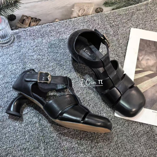 特价3536码NO退NO换~ICAN女鞋真皮罗马凉鞋粗跟方头休闲鞋