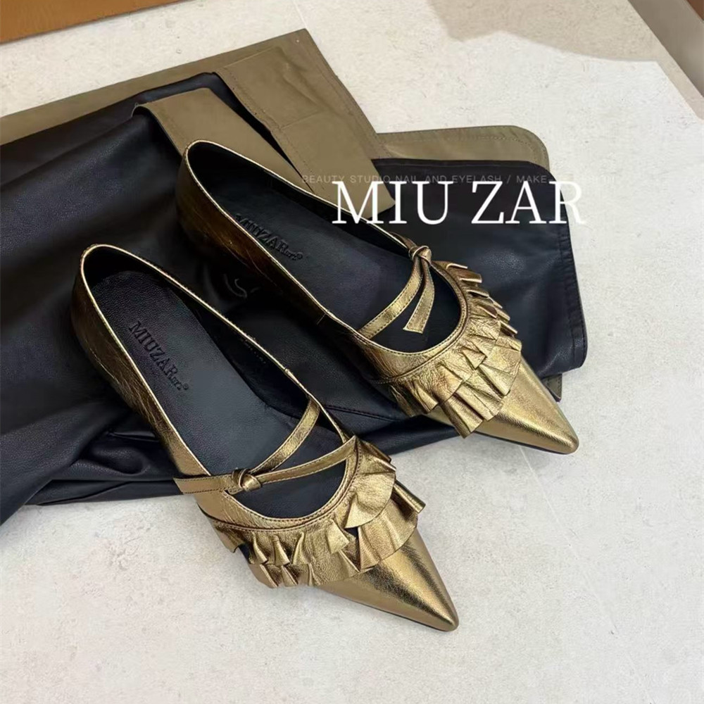 妙莎MIUZAR女鞋2026秋季新款尖头玛丽珍鞋百褶裙装饰平底单鞋瓢鞋
