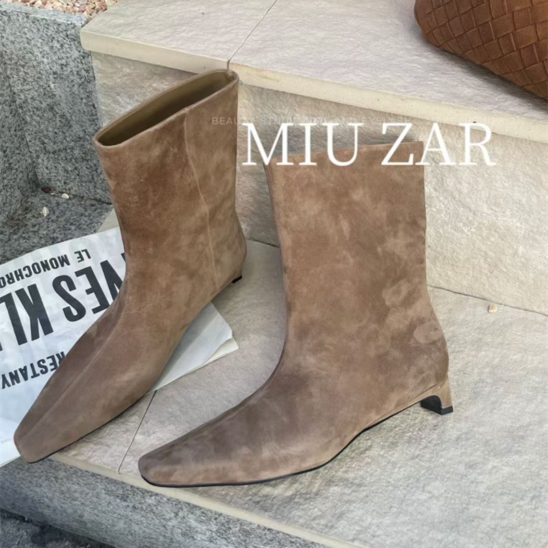 妙莎MIUZAR女鞋2025秋季新款方头低跟时装靴中筒净版猄皮套筒短靴