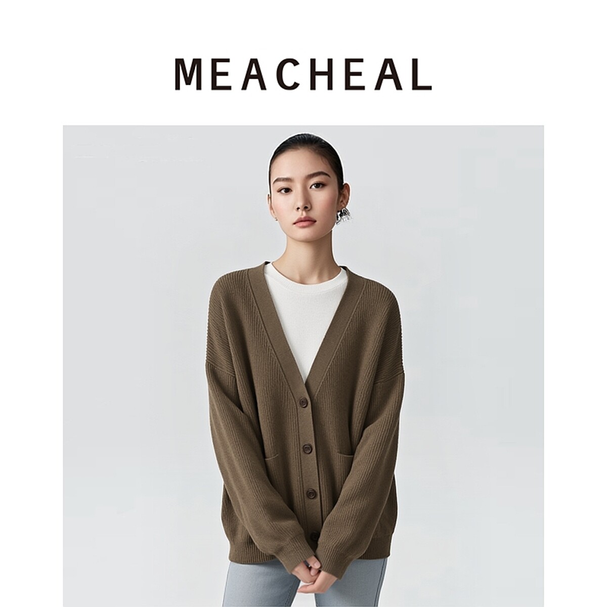MEACHEAL米茜尔秋季新款乌木咖绵羊毛山羊绒针织开衫女毛衣外套