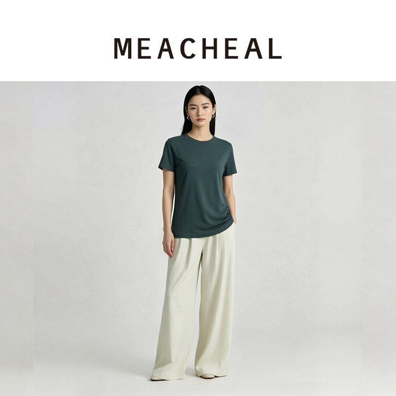 MEACHEAL米茜尔深潭绿简约纯棉短袖上衣基础款宽松百搭打底T恤图片