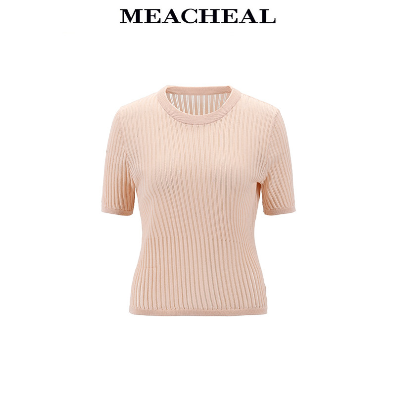MEACHEAL米茜尔夏季新款肉粉色时尚休闲圆领短袖针织套头衫