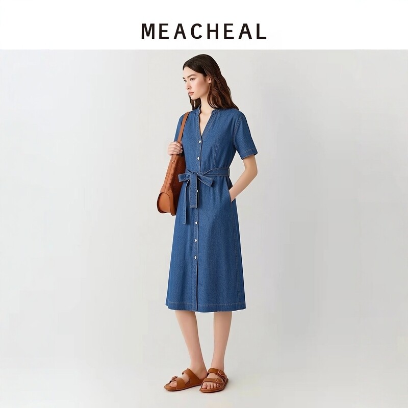 MEACHEAL米茜尔夏季新款暗丹宁色时尚休闲水洗短袖牛仔连衣裙