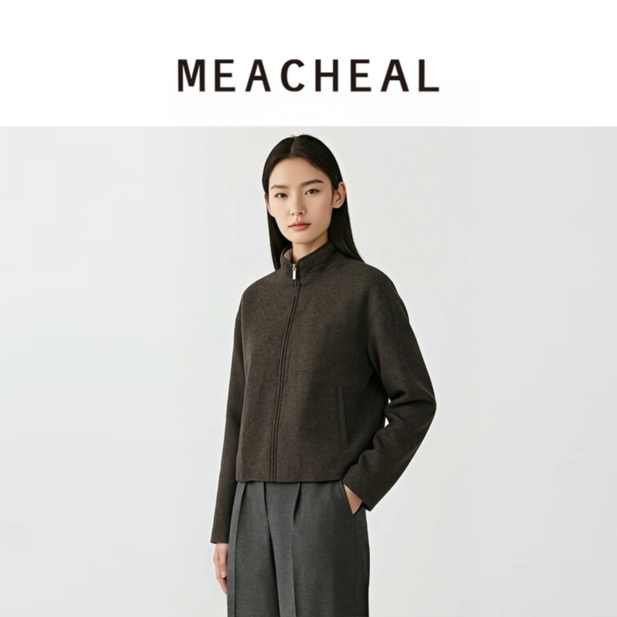 MEACHEAL米茜尔秋季新款乌木咖绵羊毛短外套女立领拉链休闲夹克图片