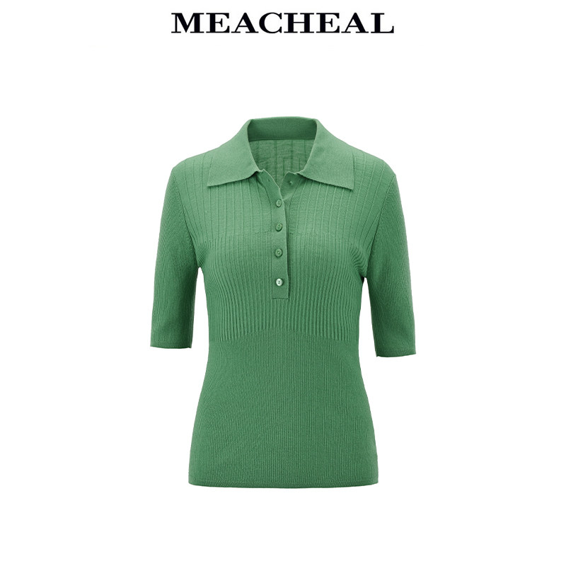 meacheal米茜尔春夏新款松石绿时尚休闲羊毛polo领针织套头衫