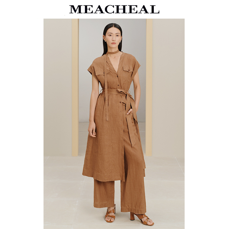 米茜尔亚麻粘纤系带连衣裙